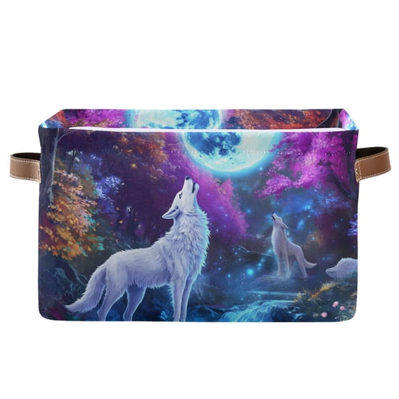 Dailycode Storage Bins with Handle Fabric Organizer Basket Foldable Box 1 Pack Fantastical Wolf Howls Moon 14.2x10.2x8.3