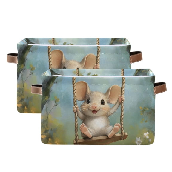 Dailycode Storage Bins with Handle Fabric Organizer Basket Foldable Box 2 Pack Cute Mouse Swing 14.2x10.2x8.3