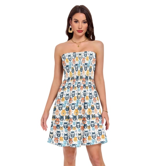 Dailycode Summer Dresses for Women Strapless Casual Beach Cover Ups Animal Face and Leaf Tube Top Sundress