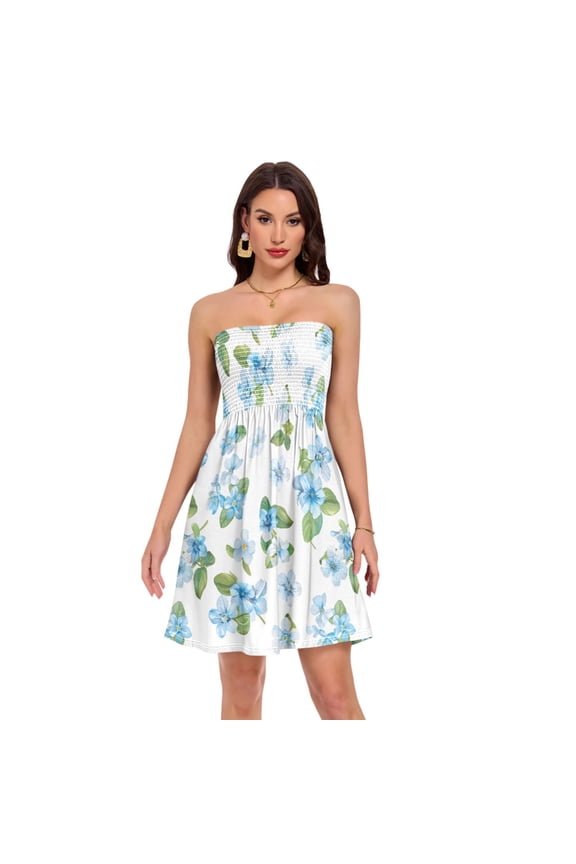Summer Dresses for Women Strapless Casual Beach Cover Ups Beautiful Forget-me-not Flowers Tube Top Sundress