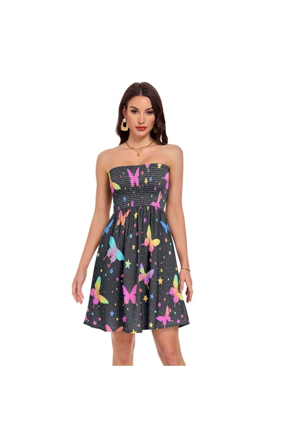 Summer Dresses for Women Strapless Casual Beach Cover Ups Black Large Iridescent Butterfly Tube Top Sundress