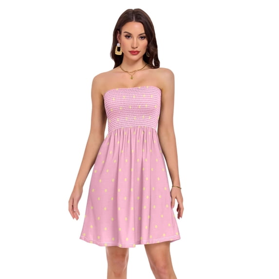 Dailycode Summer Dresses for Women Strapless Casual Beach Cover Ups Blush Pink Yellow Polka Dot Tube Top Sundress