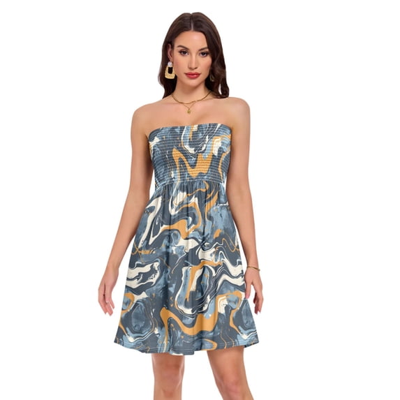 Dailycode Summer Dresses for Women Strapless Casual Beach Cover Ups Brown Blue Marble Tube Top Sundress