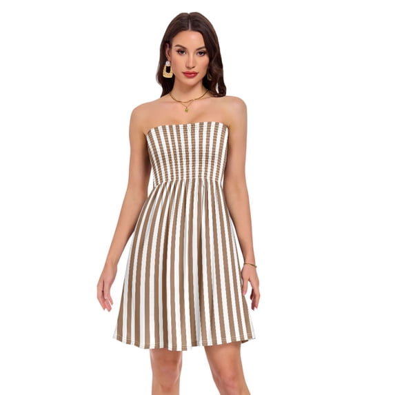 Dailycode Summer Dresses for Women Strapless Casual Beach Cover Ups Brown and White Striped Tube Top Sundress