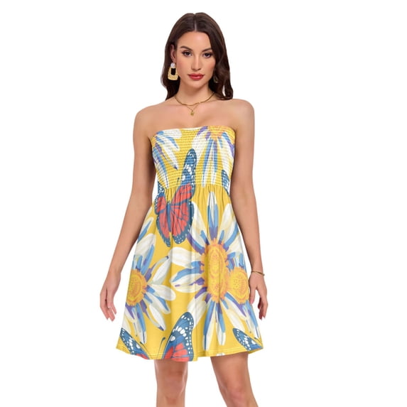 Dailycode Summer Dresses for Women Strapless Casual Beach Cover Ups Cartoon Butterfly and Daisy Petals Tube Top Sundress