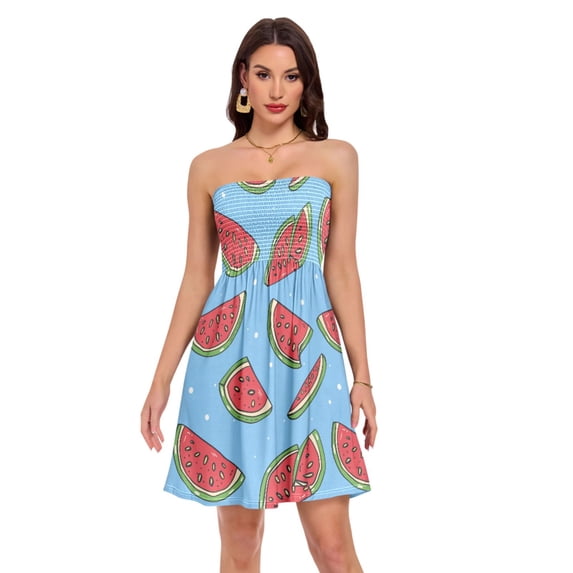 Dailycode Summer Dresses for Women Strapless Casual Beach Cover Ups Cartoon Watermelon Slice Tube Top Sundress