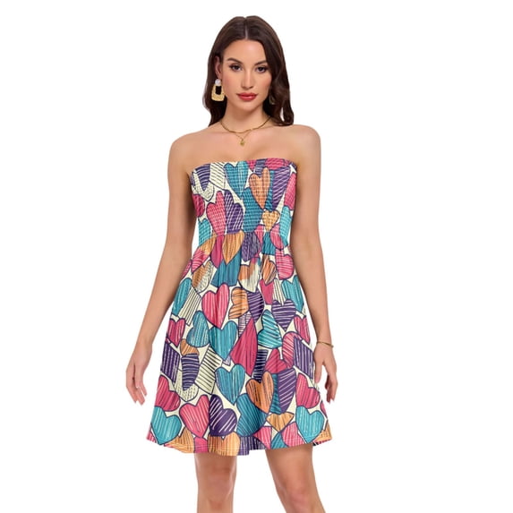 Dailycode Summer Dresses for Women Strapless Casual Beach Cover Ups Colorful Doodle Hearts Tube Top Sundress