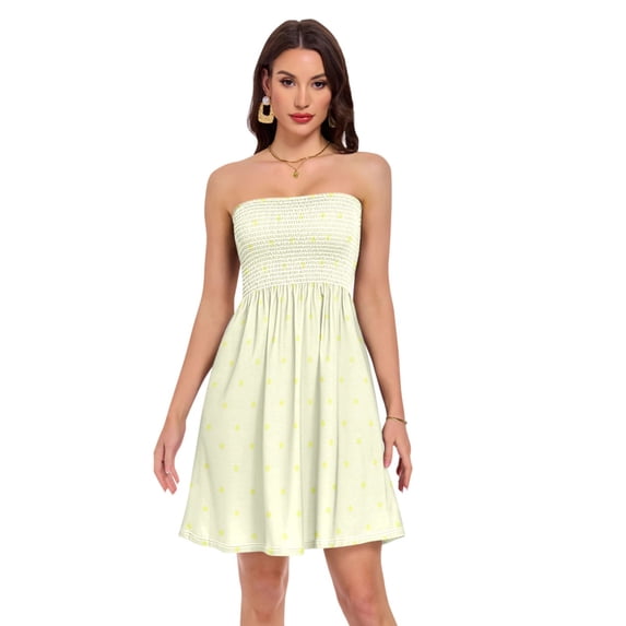 Dailycode Summer Dresses for Women Strapless Casual Beach Cover Ups Cream Yellow Polka Dot Tube Top Sundress