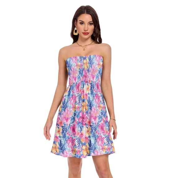 Dailycode Summer Dresses for Women Strapless Casual Beach Cover Ups Hand Drawn Watercolor Flower Tube Top Sundress