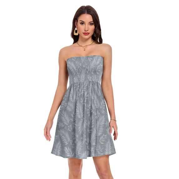 Dailycode Summer Dresses for Women Strapless Casual Beach Cover Ups Light Grey Sheer Palm Tube Top Sundress