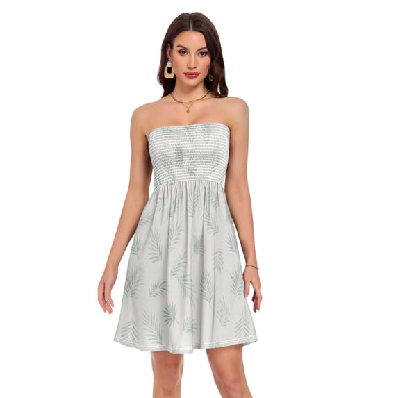 Dailycode Summer Dresses for Women Strapless Casual Beach Cover Ups Light Grey Soft Palm Leaf Tube Top Sundress