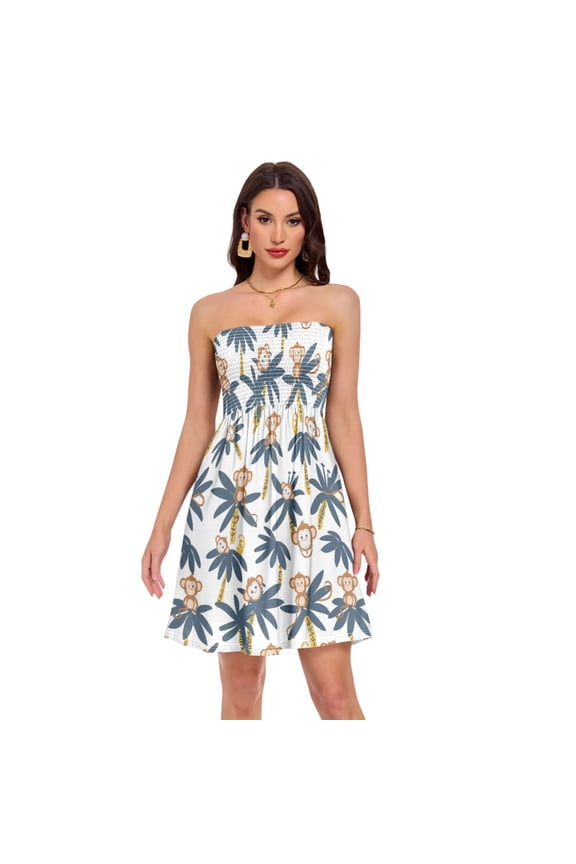 Summer Dresses for Women Strapless Casual Beach Cover Ups Monkey on Tree Tube Top Sundress