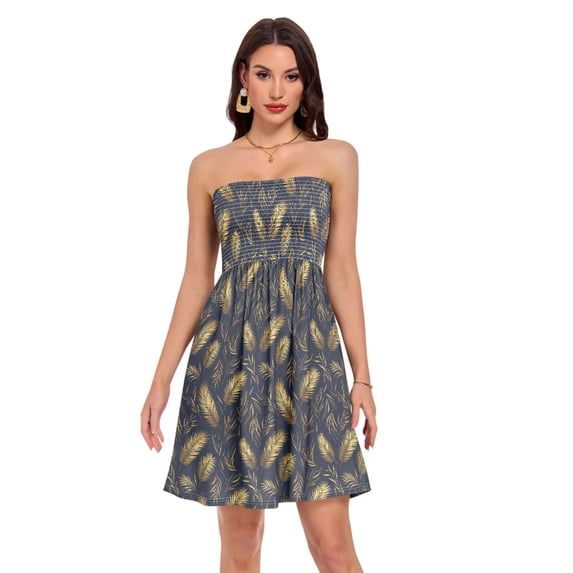 Dailycode Summer Dresses for Women Strapless Casual Beach Cover Ups Navy Gold Feather Palm Tube Top Sundress