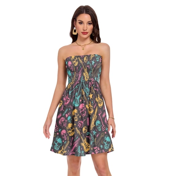 Dailycode Summer Dresses for Women Strapless Casual Beach Cover Ups Neon Guitar and Skull Tube Top Sundress