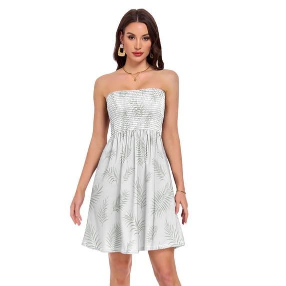 Dailycode Summer Dresses for Women Strapless Casual Beach Cover Ups Off White Scattered Palm Tube Top Sundress