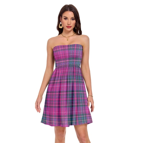 Dailycode Summer Dresses for Women Strapless Casual Beach Cover Ups Purple Pink Tartan Plaid Tube Top Sundress