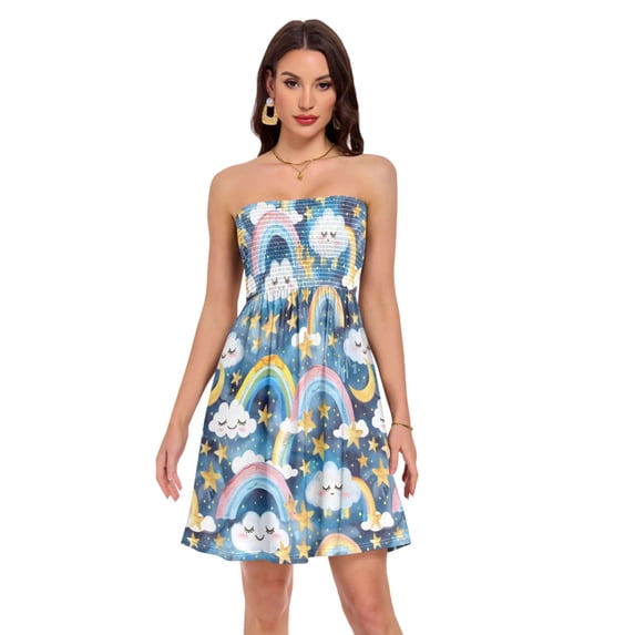 Dailycode Summer Dresses for Women Strapless Casual Beach Cover Ups Rainbow Clouds Stars Moon Tube Top Sundress