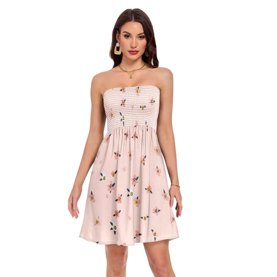 Dailycode Summer Dresses for Women Strapless Casual Beach Cover Ups Small Flowers with Leaf Tube Top Sundress