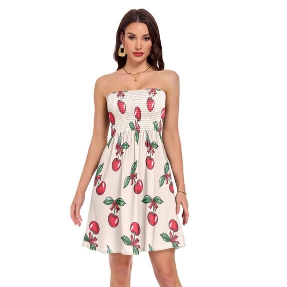 Dailycode Summer Dresses for Women Strapless Casual Beach Cover Ups Valentine with Cartoon Cherry Bow Tube Top Sundress