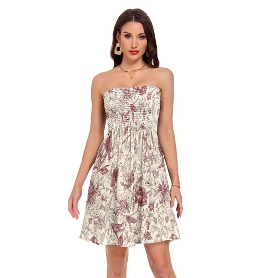 Dailycode Summer Dresses for Women Strapless Casual Beach Cover Ups Vintage Floral and Bird Tube Top Sundress