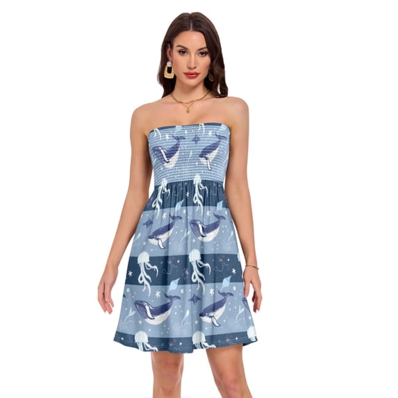 Dailycode Summer Dresses for Women Strapless Casual Beach Cover Ups Whales Jellyfish Star Tube Top Sundress