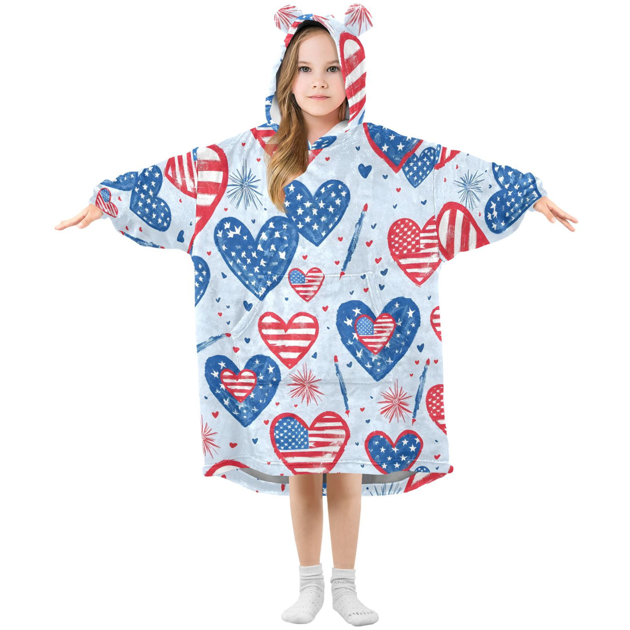 Dailycode Wearable Blanket Hoodie Oversized Sherpa Flannel Blankets with Pocket for 3-14 Year Old American Flag Heart