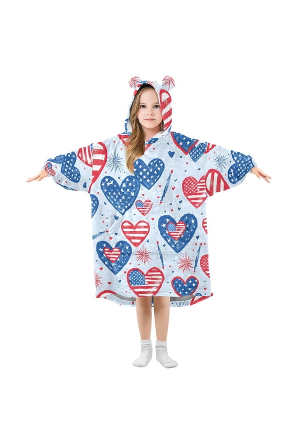 Wearable Blanket Hoodie Oversized Sherpa Flannel Blankets with Pocket for 3-14 Year Old American Flag Heart