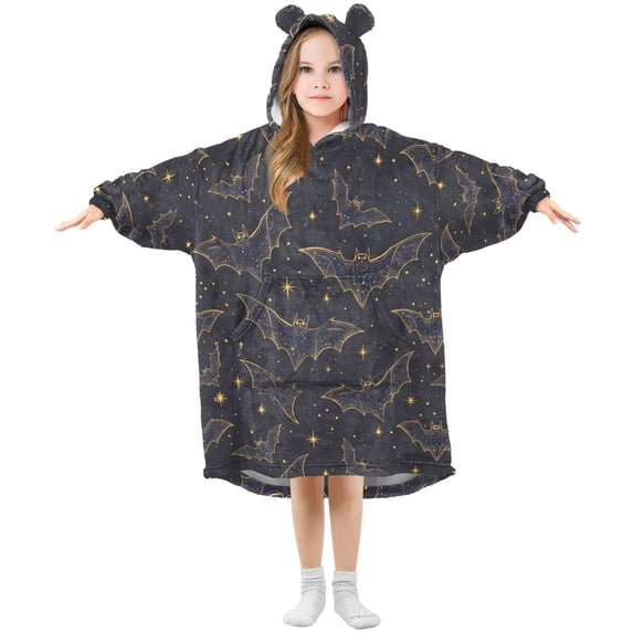 Dailycode Wearable Blanket Hoodie Oversized Sherpa Flannel Blankets with Pocket for 3-14 Year Old Bats Silhouette and Star