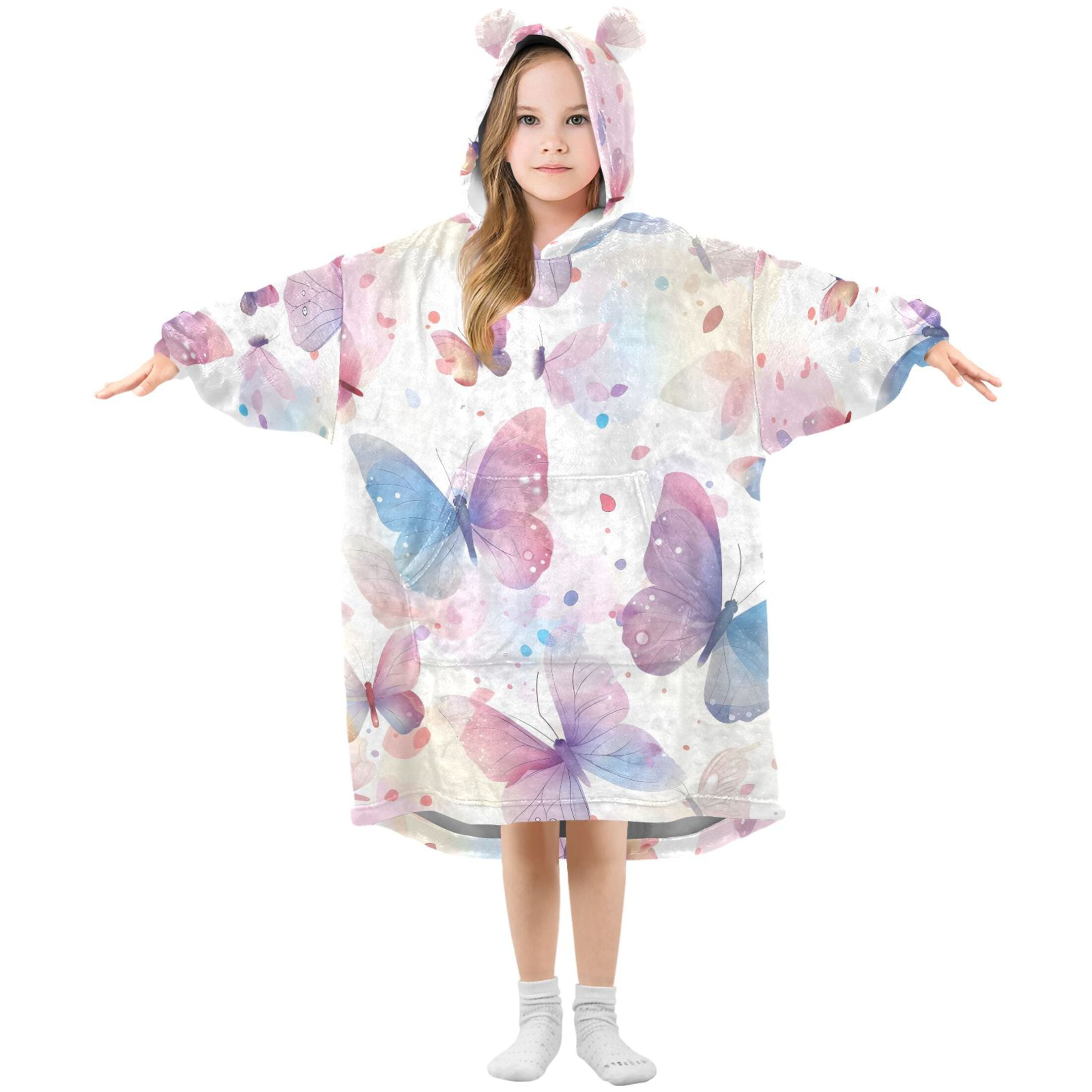Dailycode Wearable Blanket Hoodie Oversized Sherpa Flannel Blankets with Pocket for 3-14 Year Old Beautiful Dreamy Butterflies