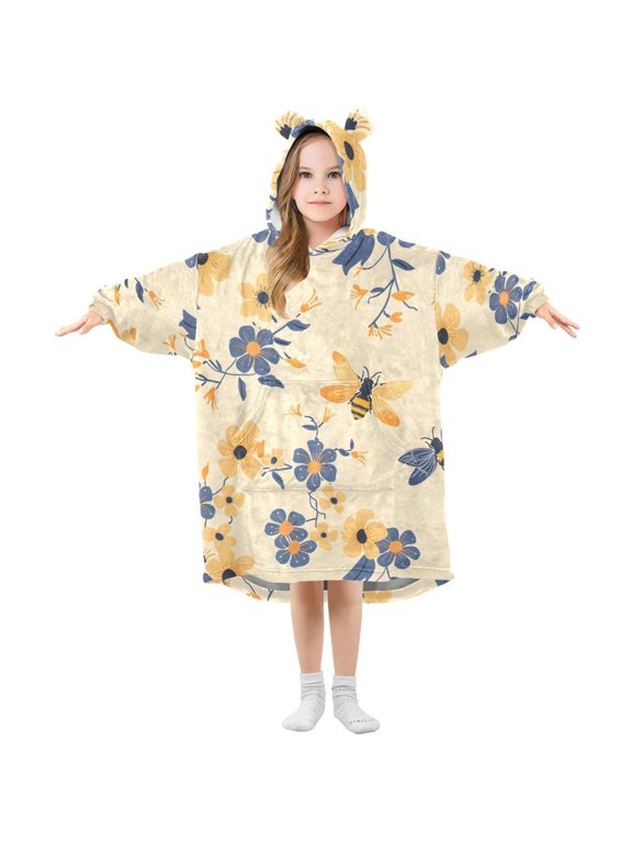Wearable Blanket Hoodie Oversized Sherpa Flannel Blankets with Pocket for 3-14 Year Old Bee and Flower