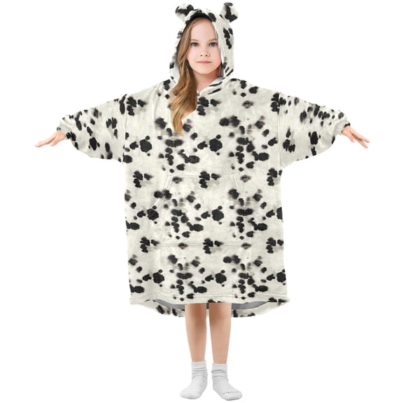 Dailycode Wearable Blanket Hoodie Oversized Sherpa Flannel Blankets with Pocket for 3-14 Year Old Black Cow Spots