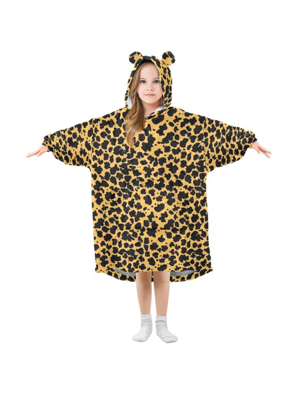 Wearable Blanket Hoodie Oversized Sherpa Flannel Blankets with Pocket for 3-14 Year Old Black Leopard Print