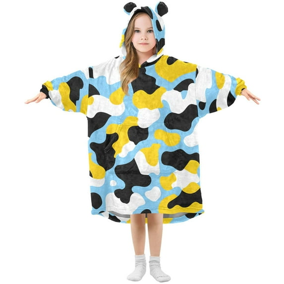 Dailycode Wearable Blanket Hoodie Oversized Sherpa Flannel Blankets with Pocket for 3-14 Year Old Blue Yellow White Cow Spots