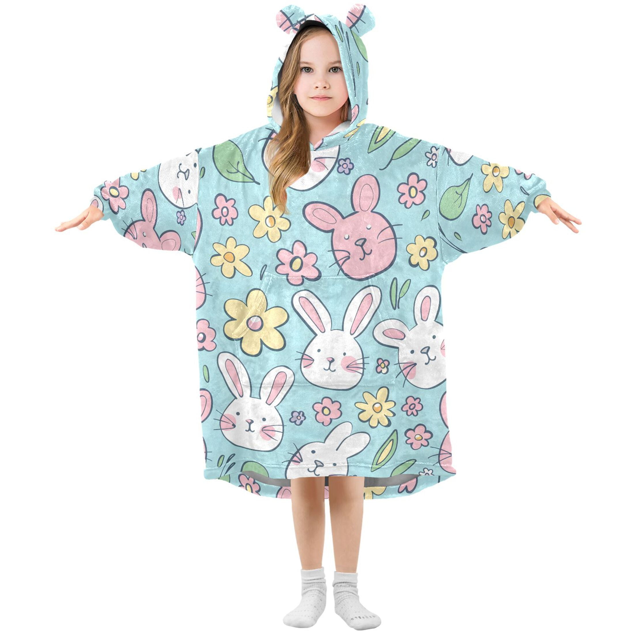 Dailycode Wearable Blanket Hoodie Oversized Sherpa Flannel Blankets with Pocket for 3-14 Year Old Bunny Rabbit and Daisy Flower