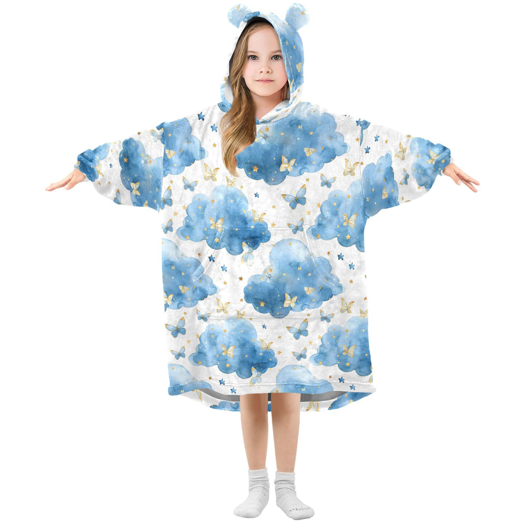 Dailycode Wearable Blanket Hoodie Oversized Sherpa Flannel Blankets with Pocket for 3-14 Year Old Butterflies and Cloud