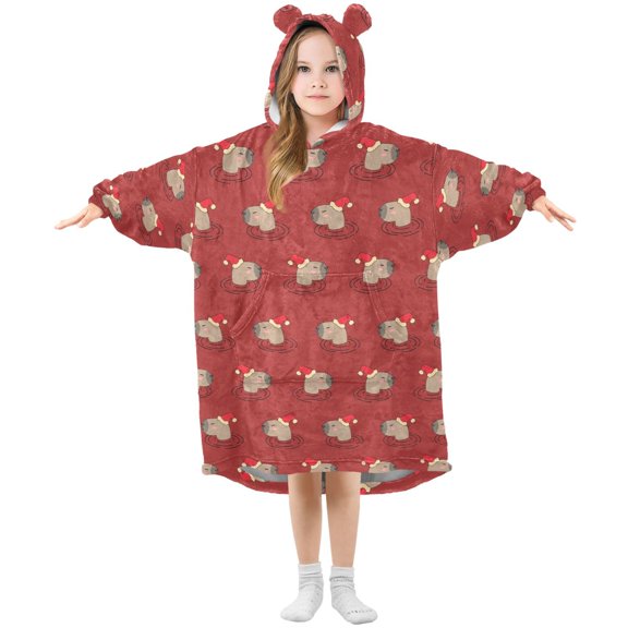 Dailycode Wearable Blanket Hoodie Oversized Sherpa Flannel Blankets with Pocket for 3-14 Year Old Capybara with Christmas Head