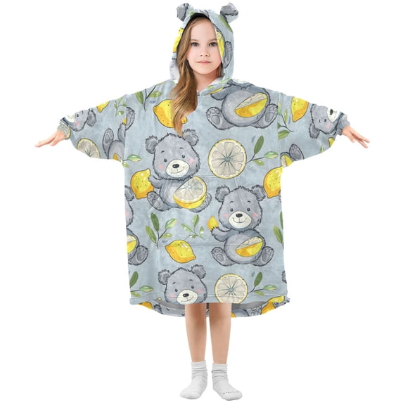 Dailycode Wearable Blanket Hoodie Oversized Sherpa Flannel Blankets with Pocket for 3-14 Year Old Cartoon Bear Holding Lemon