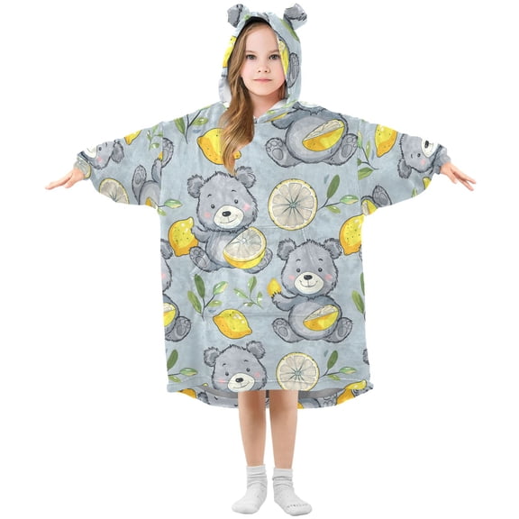Dailycode Wearable Blanket Hoodie Oversized Sherpa Flannel Blankets with Pocket for 3-14 Year Old Cartoon Bear Holding Lemon