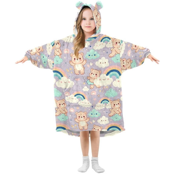 Dailycode Wearable Blanket Hoodie Oversized Sherpa Flannel Blankets with Pocket for 3-14 Year Old Cartoon Bear and Cloud Rainbow