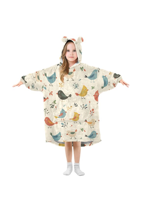 Wearable Blanket Hoodie Oversized Sherpa Flannel Blankets with Pocket for 3-14 Year Old Cartoon Bird and Leaf