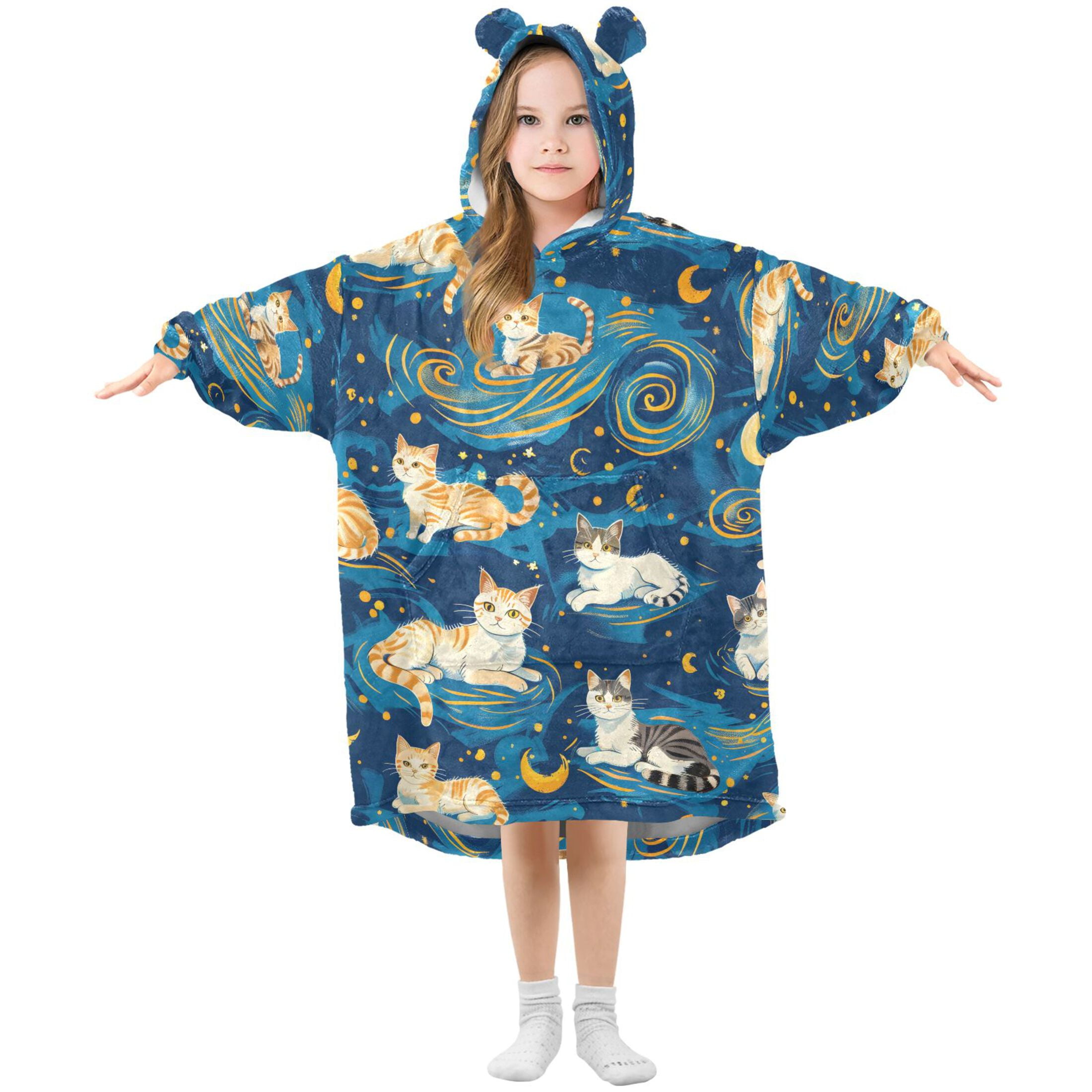 Dailycode Wearable Blanket Hoodie Oversized Sherpa Flannel Blankets with Pocket for 3-14 Year Old Cartoon Cats and Starry Sky