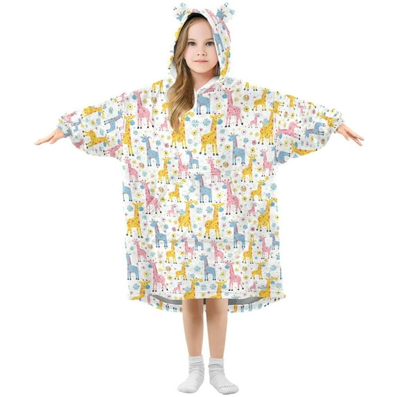 Dailycode Wearable Blanket Hoodie Oversized Sherpa Flannel Blankets with Pocket for 3-14 Year Old Cartoon Colorful Giraffes and Flowers