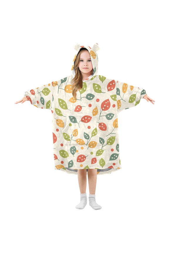 Wearable Blanket Hoodie Oversized Sherpa Flannel Blankets with Pocket for 3-14 Year Old Cartoon Colorful Leaves
