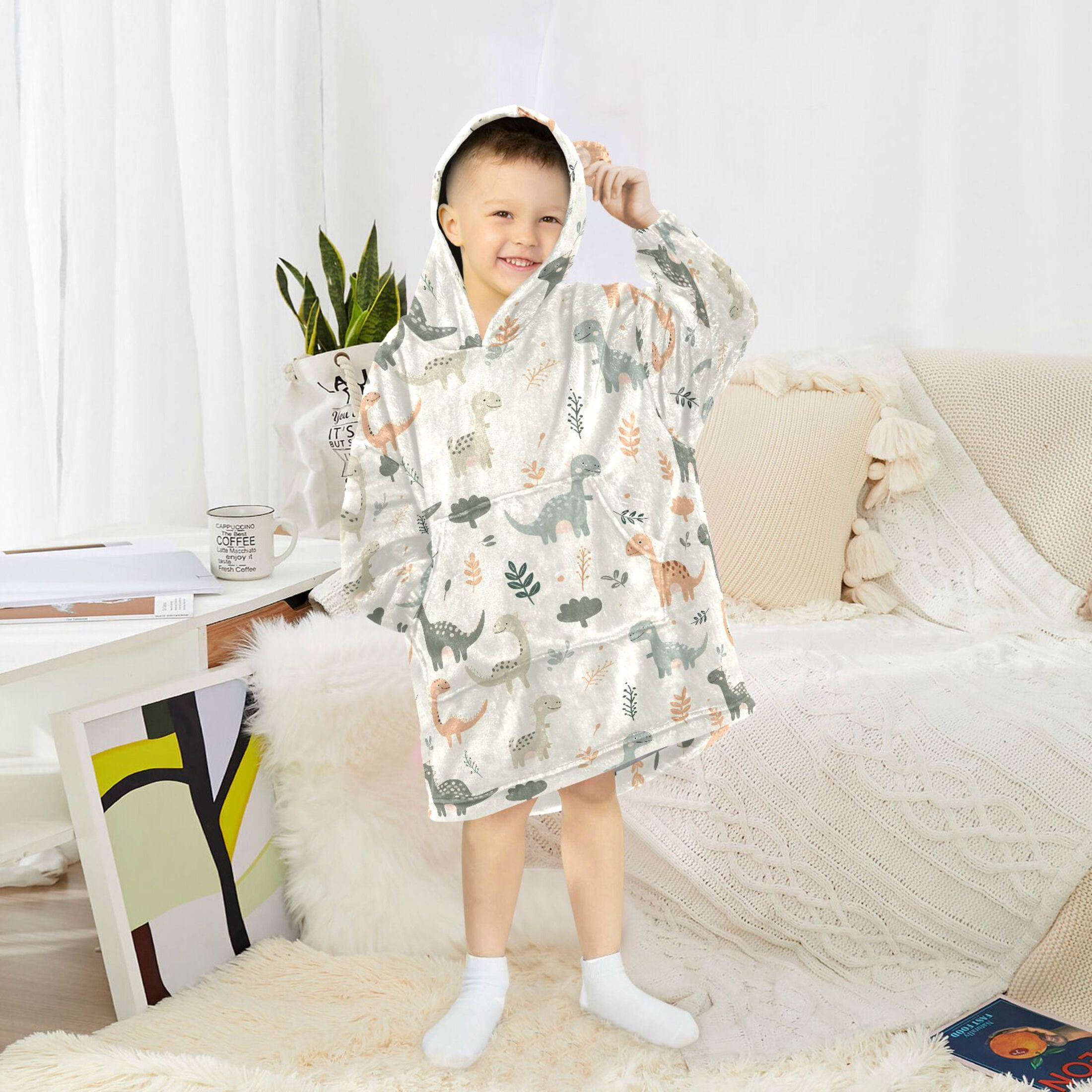 Dailycode Wearable Blanket Hoodie Oversized Sherpa Flannel Blankets with Pocket for 3-14 Year Old Cartoon Dinosaurs and Leaves