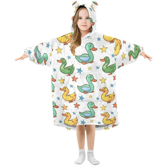 Dailycode Wearable Blanket Hoodie Oversized Sherpa Flannel Blankets with Pocket for 3-14 Year Old Cartoon Duck and Star