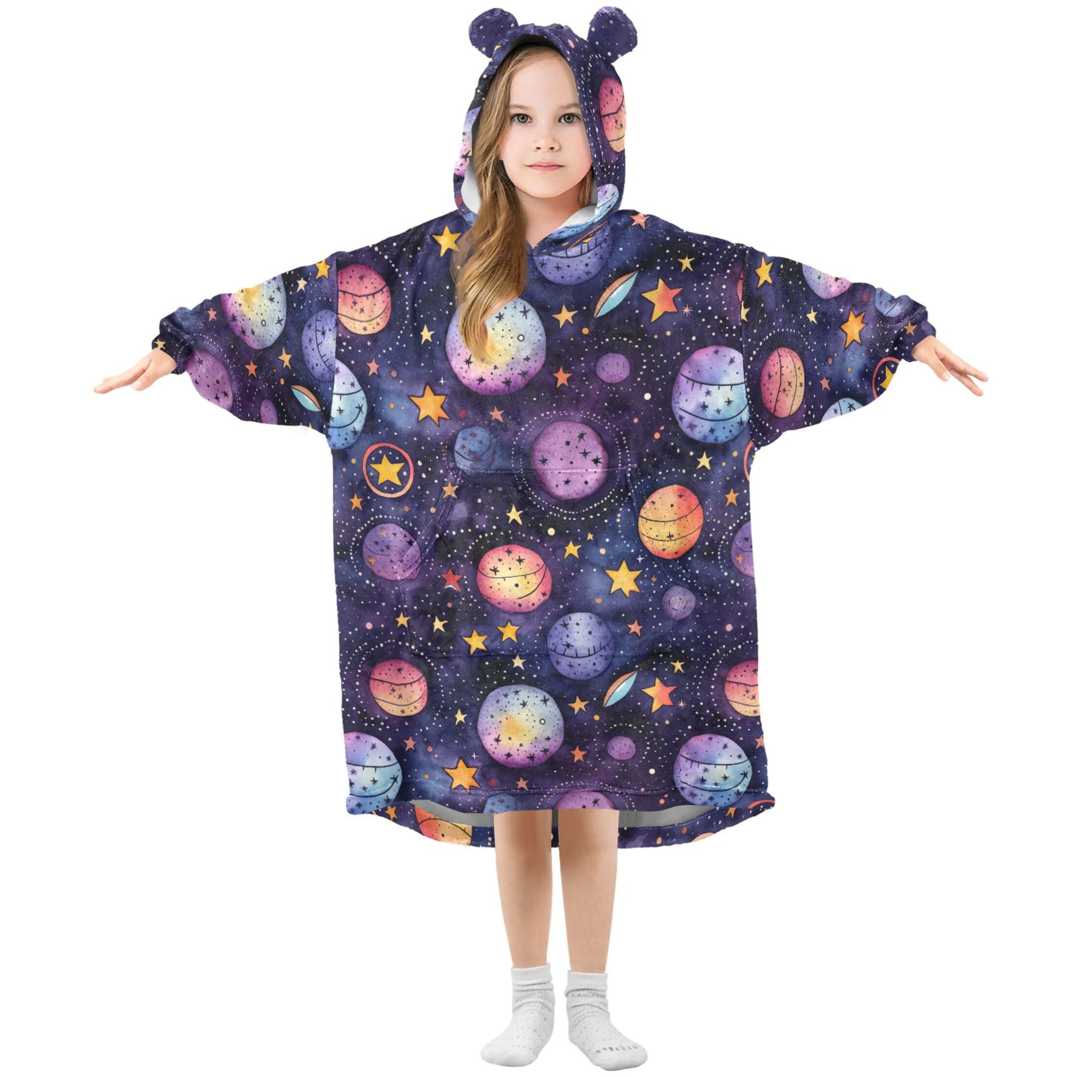 Dailycode Wearable Blanket Hoodie Oversized Sherpa Flannel Blankets with Pocket for 3-14 Year Old Cartoon Planet and Star