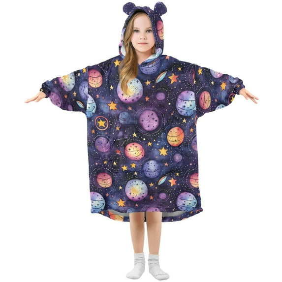 Dailycode Wearable Blanket Hoodie Oversized Sherpa Flannel Blankets with Pocket for 3-14 Year Old Cartoon Planet and Star