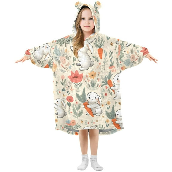 Dailycode Wearable Blanket Hoodie Oversized Sherpa Flannel Blankets with Pocket for 3-14 Year Old Cartoon Rabbit Carrot Flower
