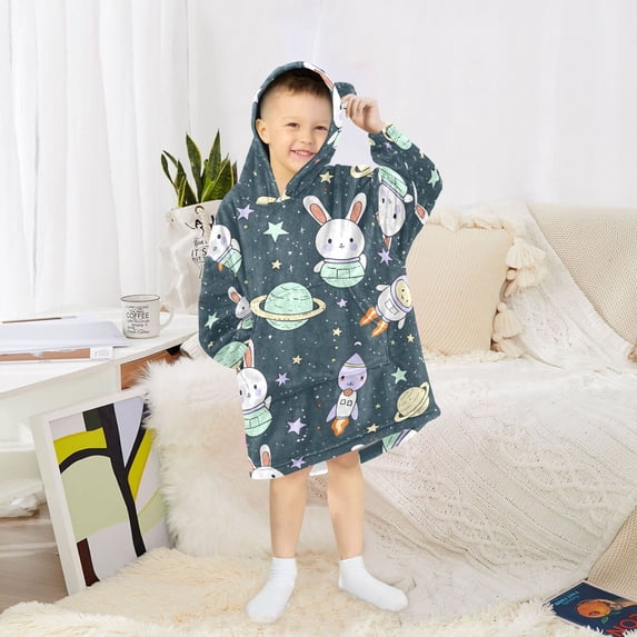 Dailycode Wearable Blanket Hoodie Oversized Sherpa Flannel Blankets with Pocket for 3-14 Year Old Cartoon Rabbit Star Planet