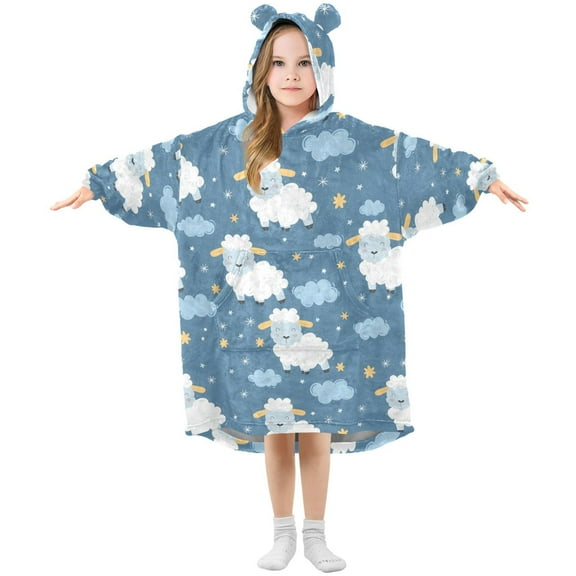 Dailycode Wearable Blanket Hoodie Oversized Sherpa Flannel Blankets with Pocket for 3-14 Year Old Cartoon Sheep Stars Clouds